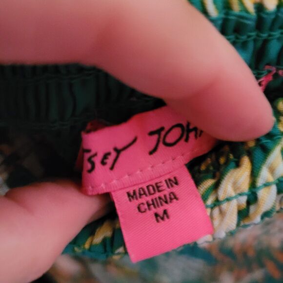 Green Floral Tropical Smocked Puff Sleeve Off On Shoulder Midi Floral Sundress M - Picture 5 of 6